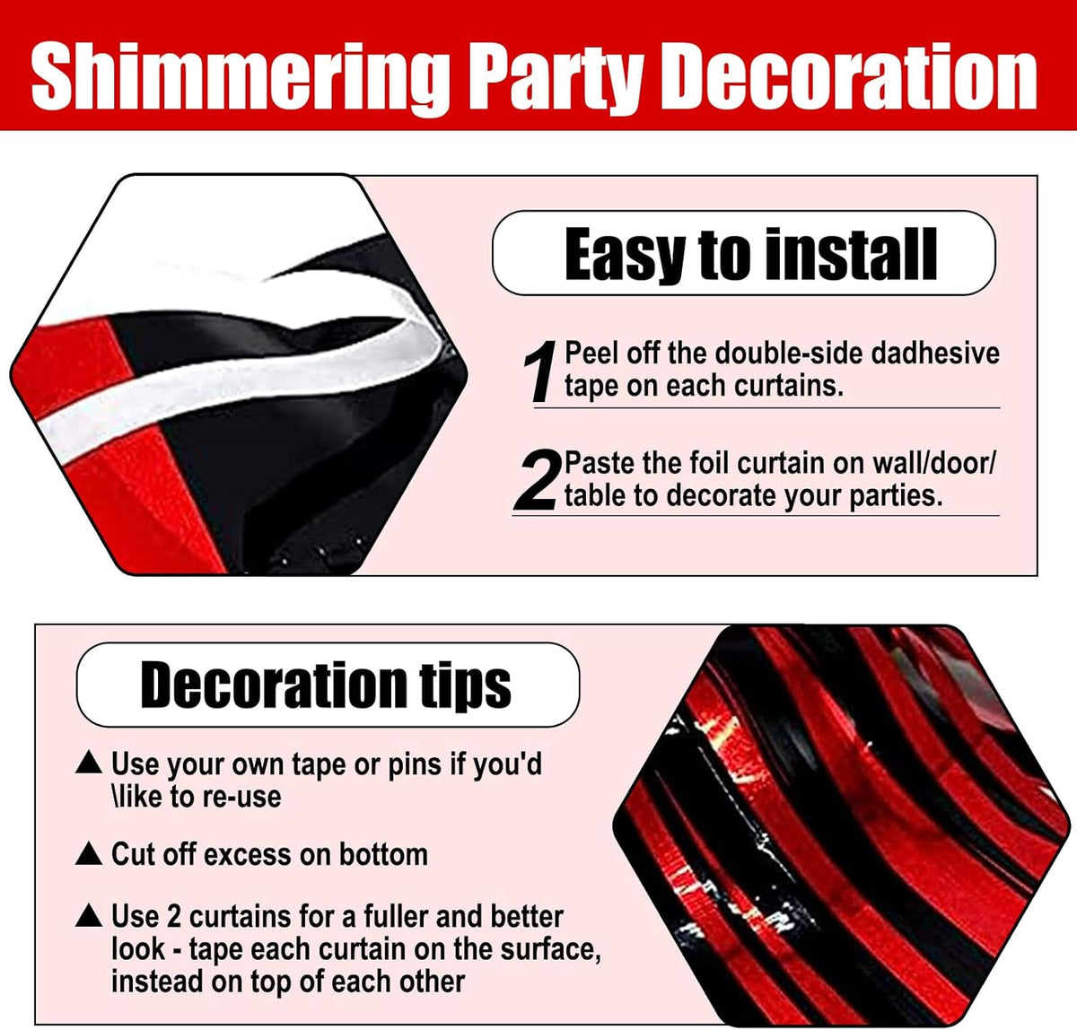 3 Pack Black Red Foil Fringe Curtain Backdrop, 3.28Ft x 8.2Ft Metallic Tinsel Foil Fringe Streamer