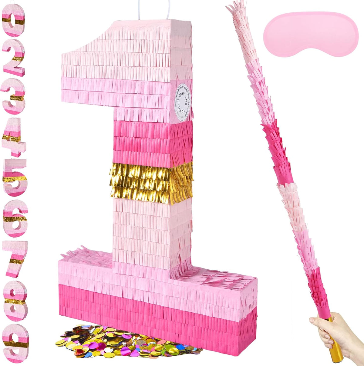 PCFING 20 Inch Number 1 Piñata Pink Gold with 30 Inch Piñata Stick Blindfold Confetti for Boys