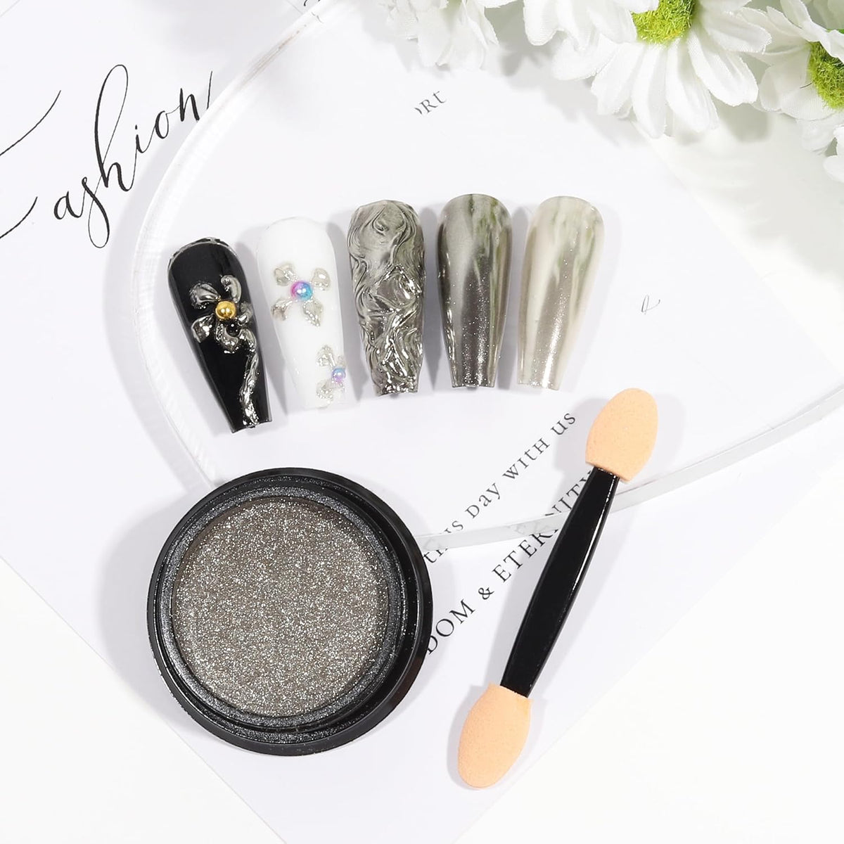 Artdone Chrome Nail Powder, Light Silver Iridescent Aurora Powder Metallic Mirror Effect Pigment