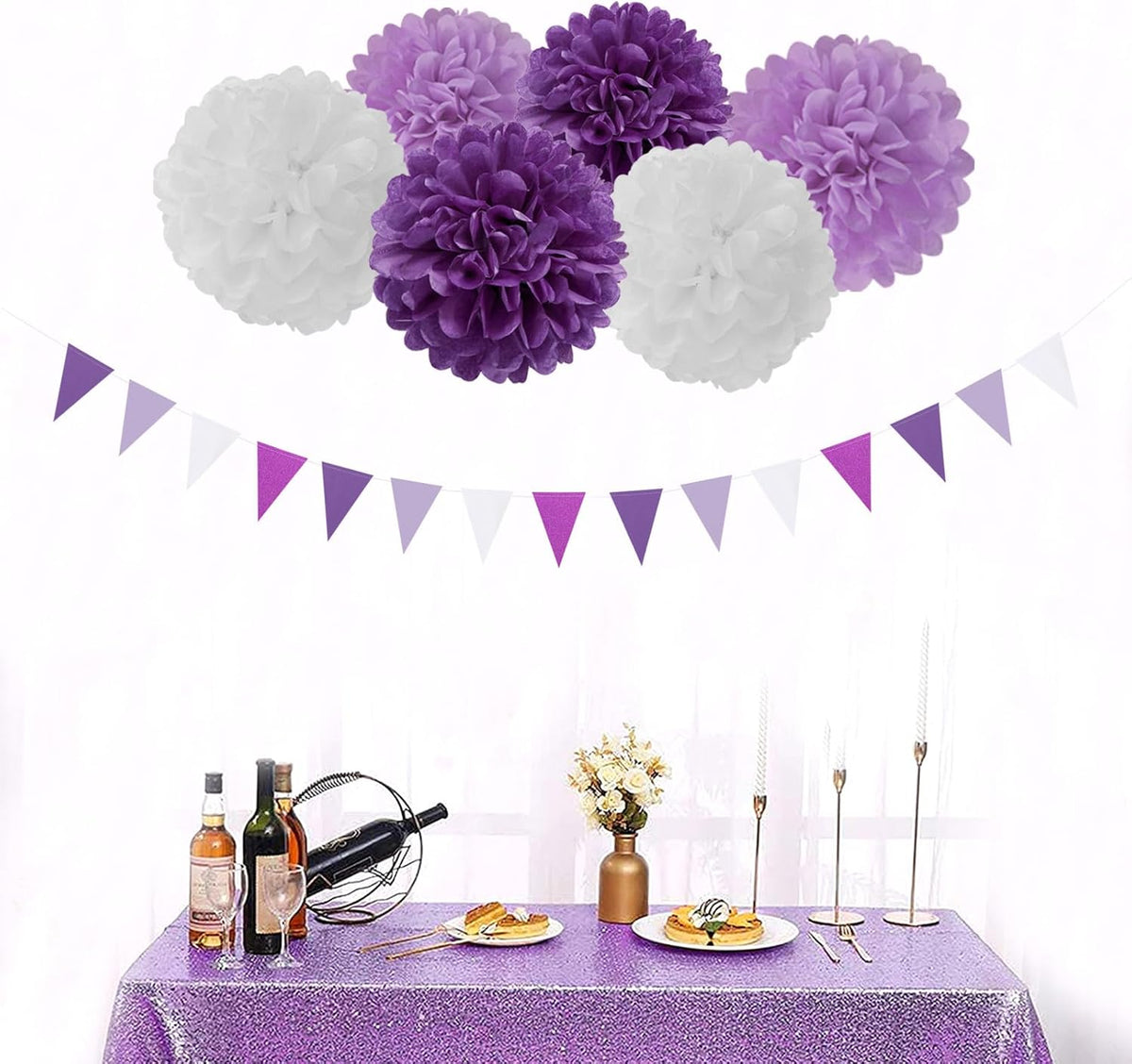 Purple White Lavender Party-Decorations Streamers - 28pcs Tissue Pom Poms,Women Girl Birthday