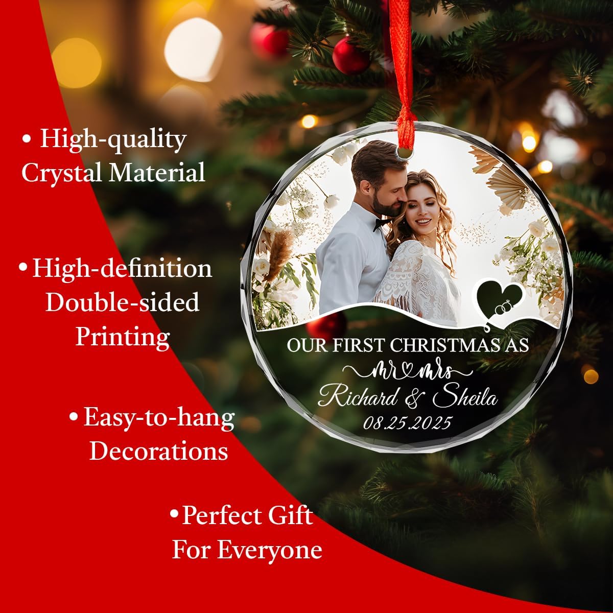 Personalized Christmas Ornaments with Names, Couple Glass Ornament, Custom Wedding Gifts for