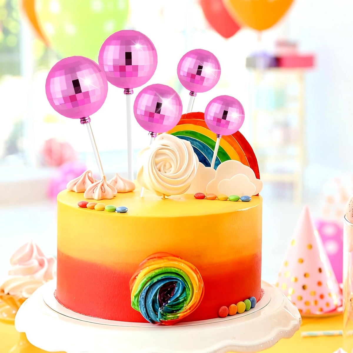 ASTARON 20 Pcs Disco Ball Cake Topper Decorations Sticks Pink Cake Balls Picks Toppers for Birthday