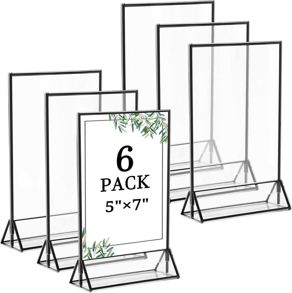 Floroom 6 Pack 5x7 Inch Clear Acrylic Sign Holders, Double-Sided Black Display Stand Picture Frames