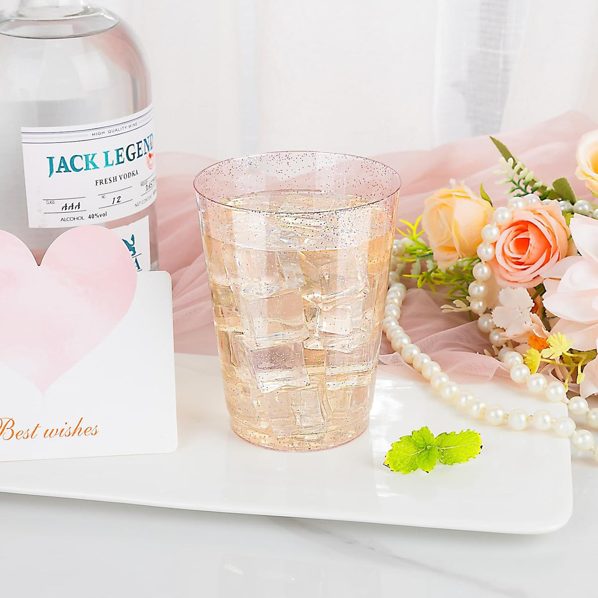 DaYammi 100 Pack 10oz Pink Plastic Cups, Premium Disposable Rose Gold Glitter Plastic Cups for