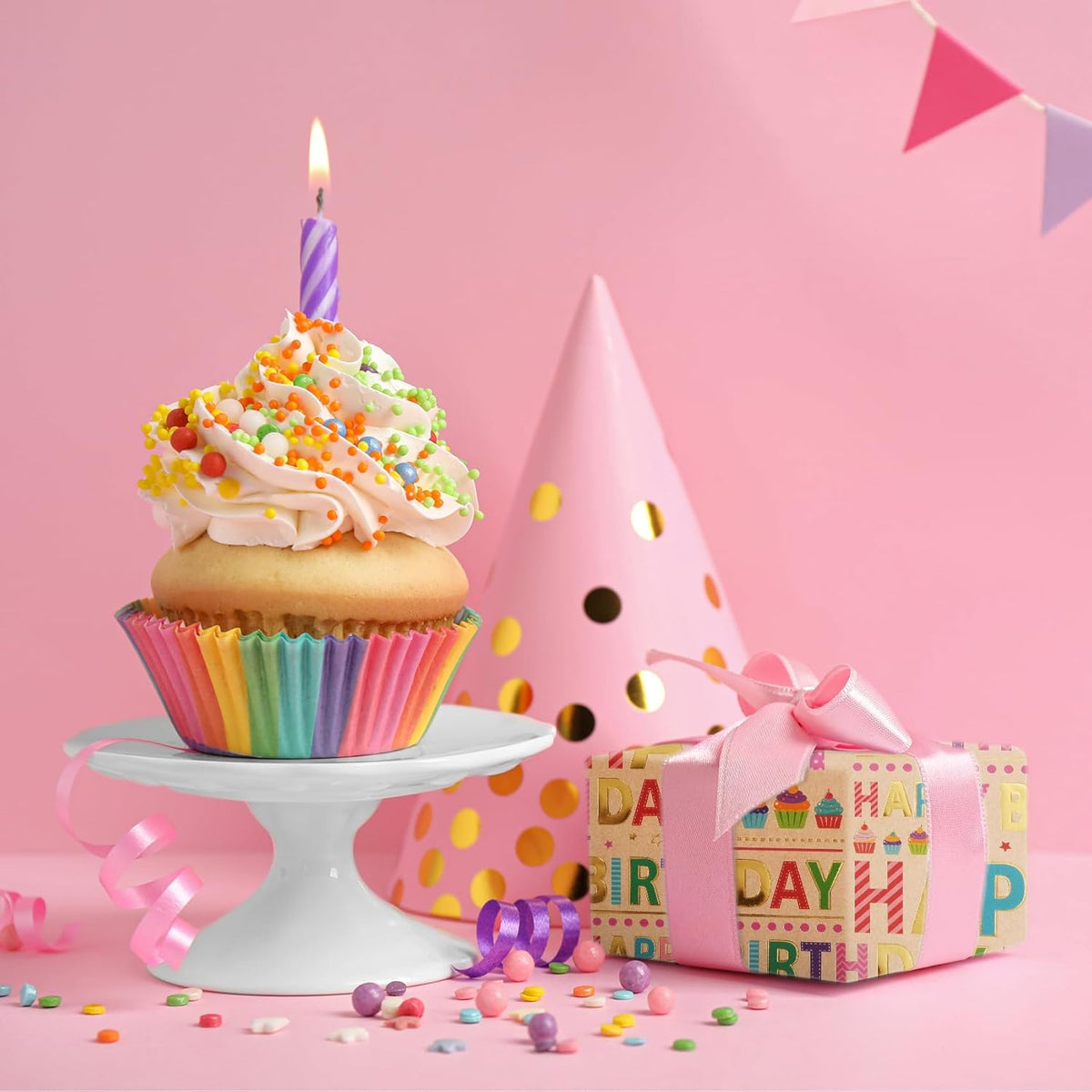 Aimyoo Colorful Birthday Wrapping Paper Roll - 17 Inch X 32.8 Feet - Gold Foil Happy Birthday