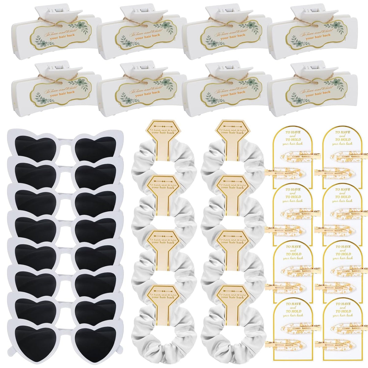 White Bridesmaid Proposal Gift Set, 8PCS Hair Claw, Scrunchies, Makeup Clips & Heart Sunglasses