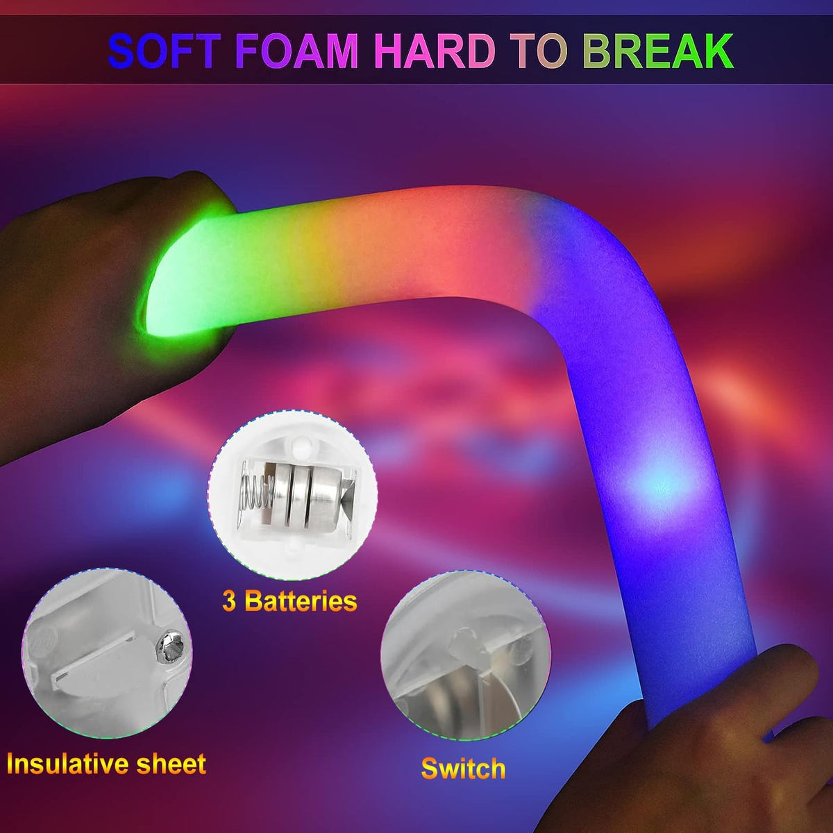 LifBetter Light Up Glow Sticks Bulk, LED Foam Sticks in The Dark with 3 Modes Flashing Led Foam