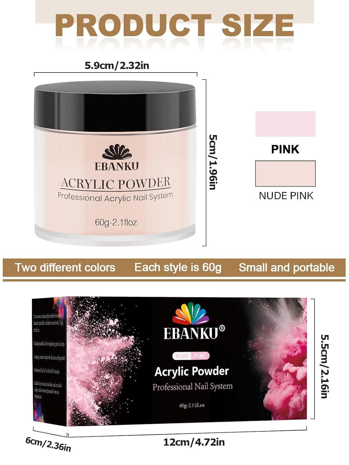 EBANKU Nude Pink Acrylic Powder, 2 * 60g/2.1oz Acrylic Powder Large Capacity Professional Acrylic