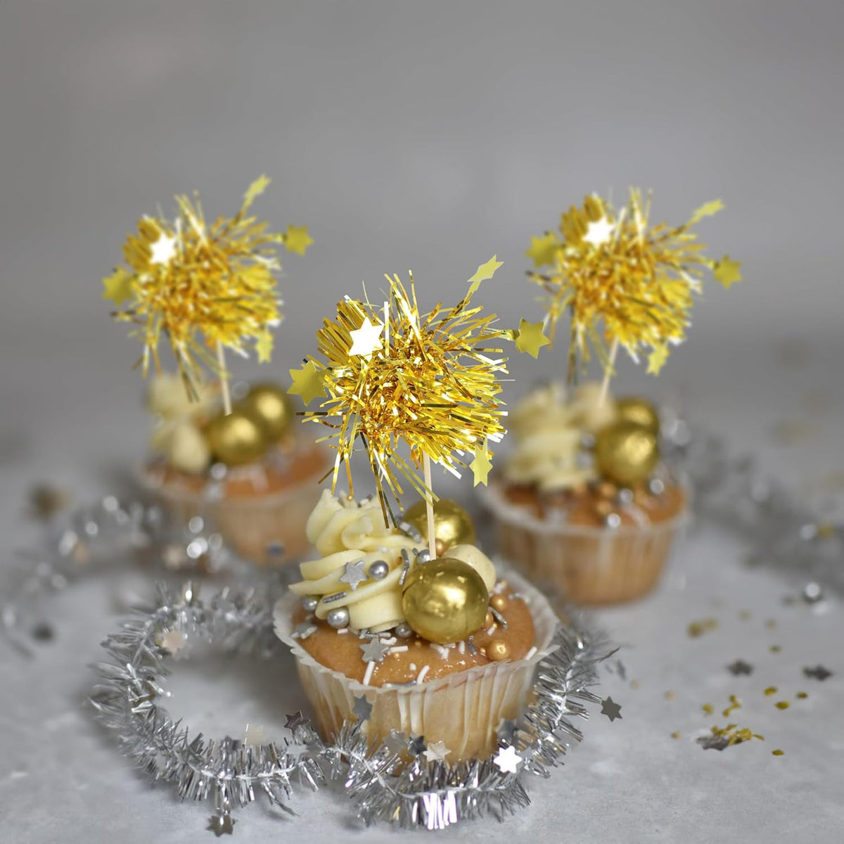 Gyufise 30Pcs Star Foil Firework Cupcake Toppers Sparkle Tinsel Cake Toppers Tinsel Drink Cake