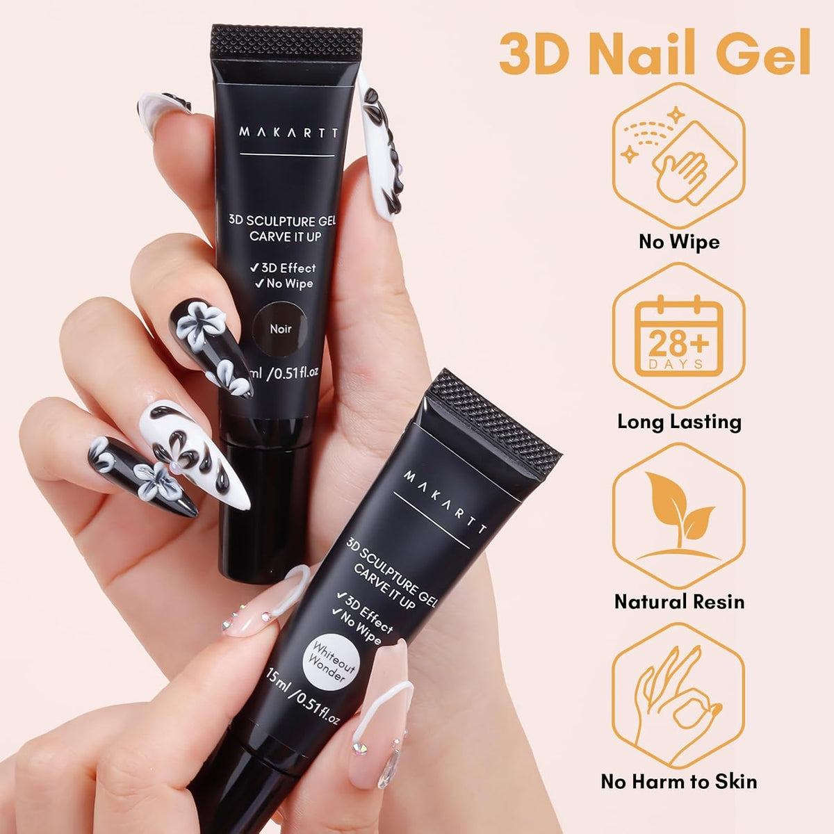 Makartt 3D Gel Nail Art: White and Black Sculpting Candy Molding Gel No Wipe Craving Embossed Gel