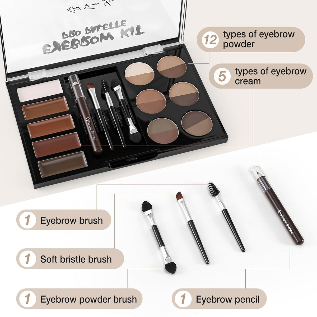 Eyebrow Powder Palette Set - 12 Colors, 5 Mascaras, 4 Stencils, Brush & Pencil, Volumizing Gel for