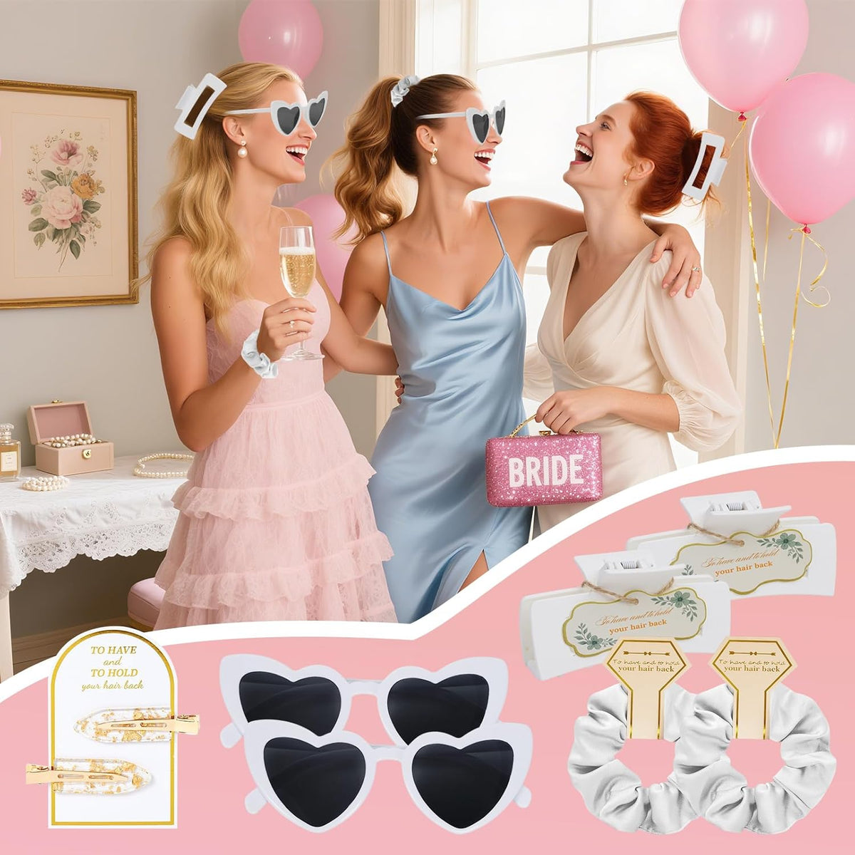 White Bridesmaid Proposal Gift Set, 8PCS Hair Claw, Scrunchies, Makeup Clips & Heart Sunglasses