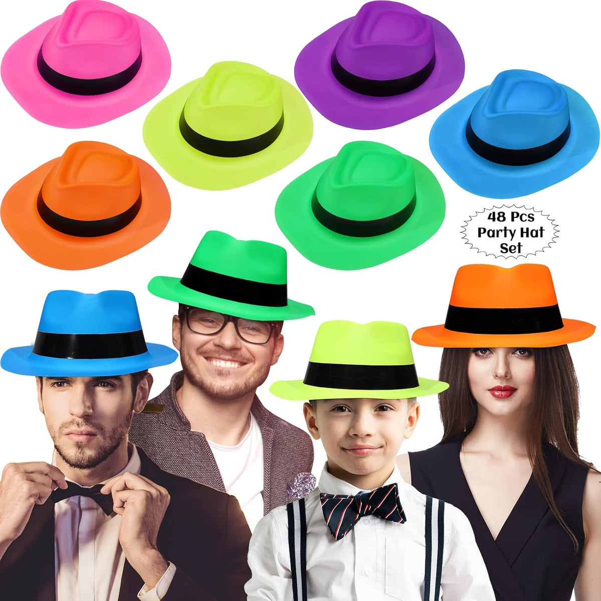 48 Pieces Neon Mafia Style Party Hats - Bright Dress Hats for Gangster Music Disco Birthday, Photo