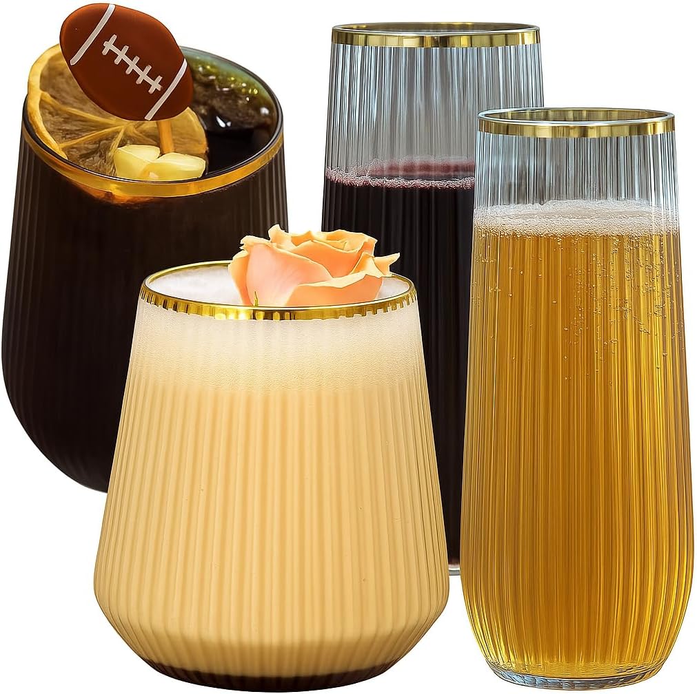 48 Pack Ribbed Origami Ripple Plastic Glasses, 24 9 Ounce Stemless Champagne Flutes & 24 12 Ounce