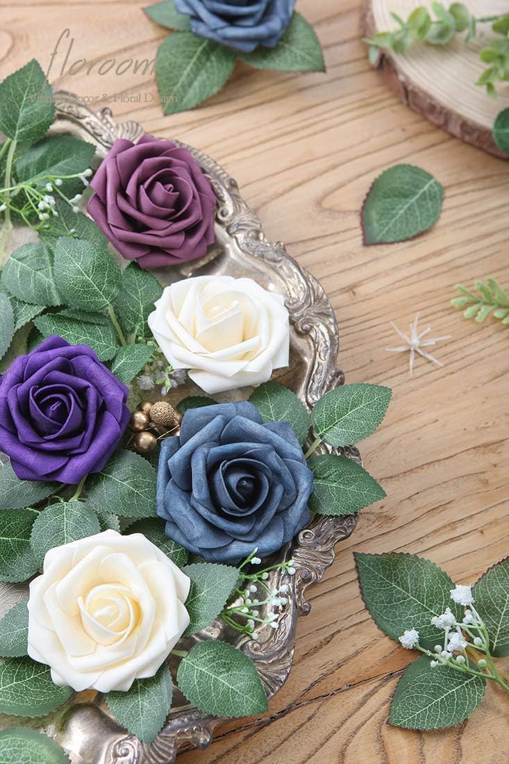 Floroom Artificial Flowers 50pcs Real Looking Dark Purple Foam Fake Roses with Stems for DIY