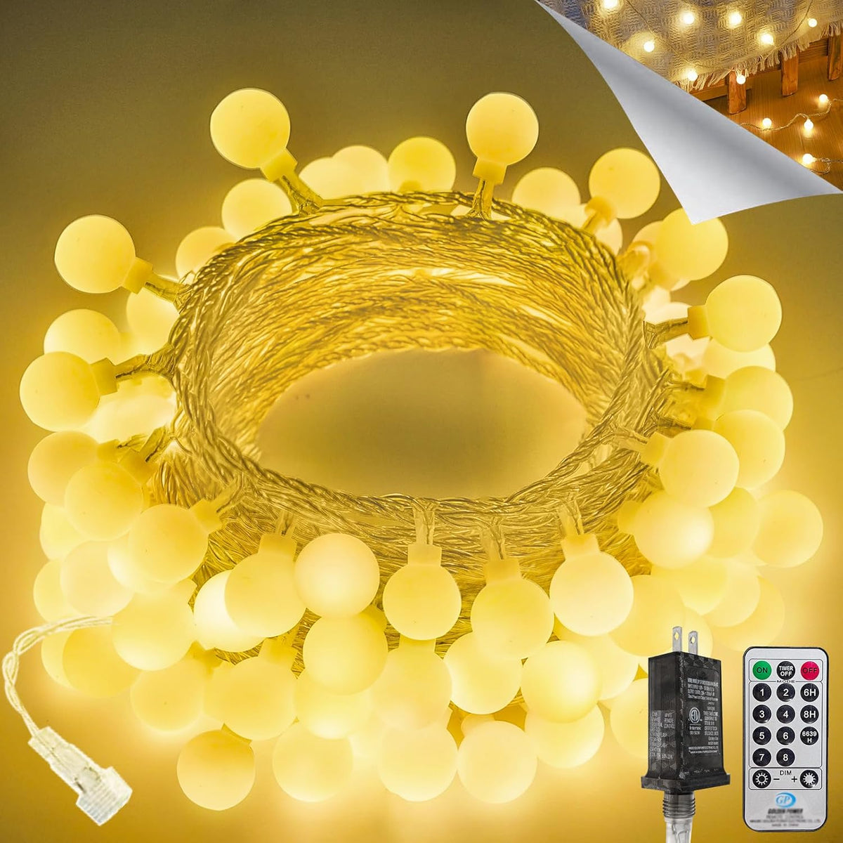 43FT 100LED Connectable Globe String Lights | 8 Modes Fairy Lights Plug in with Remote | Warm White