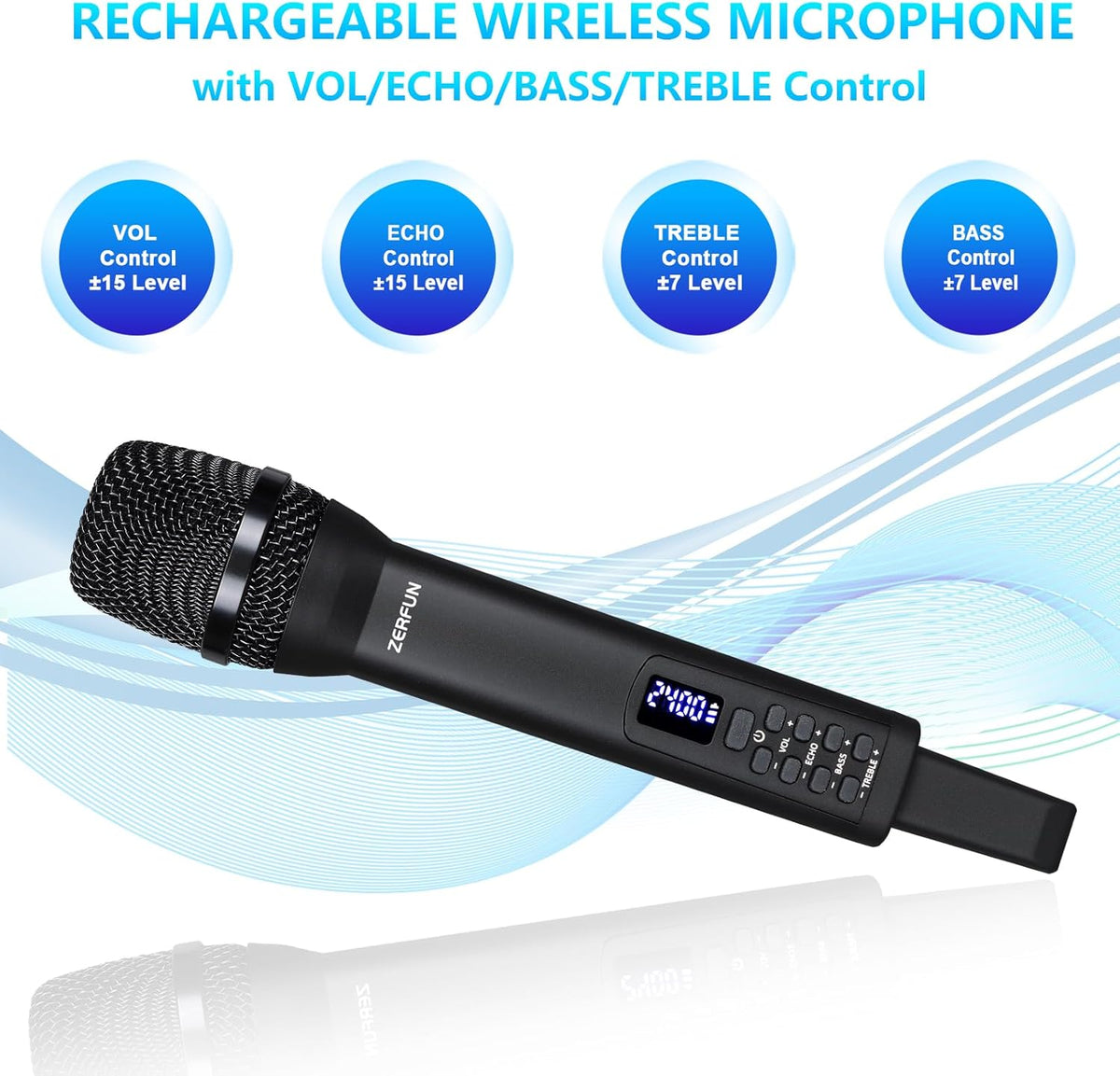 Rechargeable Wireless Microphone, Pro Handheld Cordless Mics System Dynamic with Echo Treble BASS