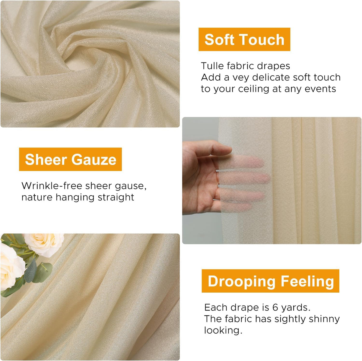 Wedding Arch Draping Fabric 2 Panels 28.7" x 20FT Champagne Sheer Chiffon Backdrop Drapes for
