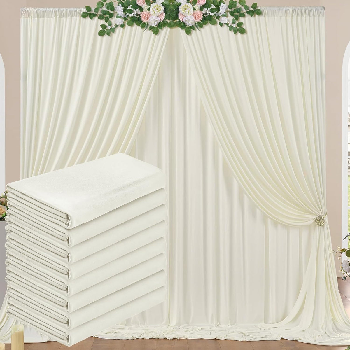 40 ft x 10 ft Wrinkle Free Ivory Backdrop Curtain for Wedding Parties, Polyester Ivory Photo