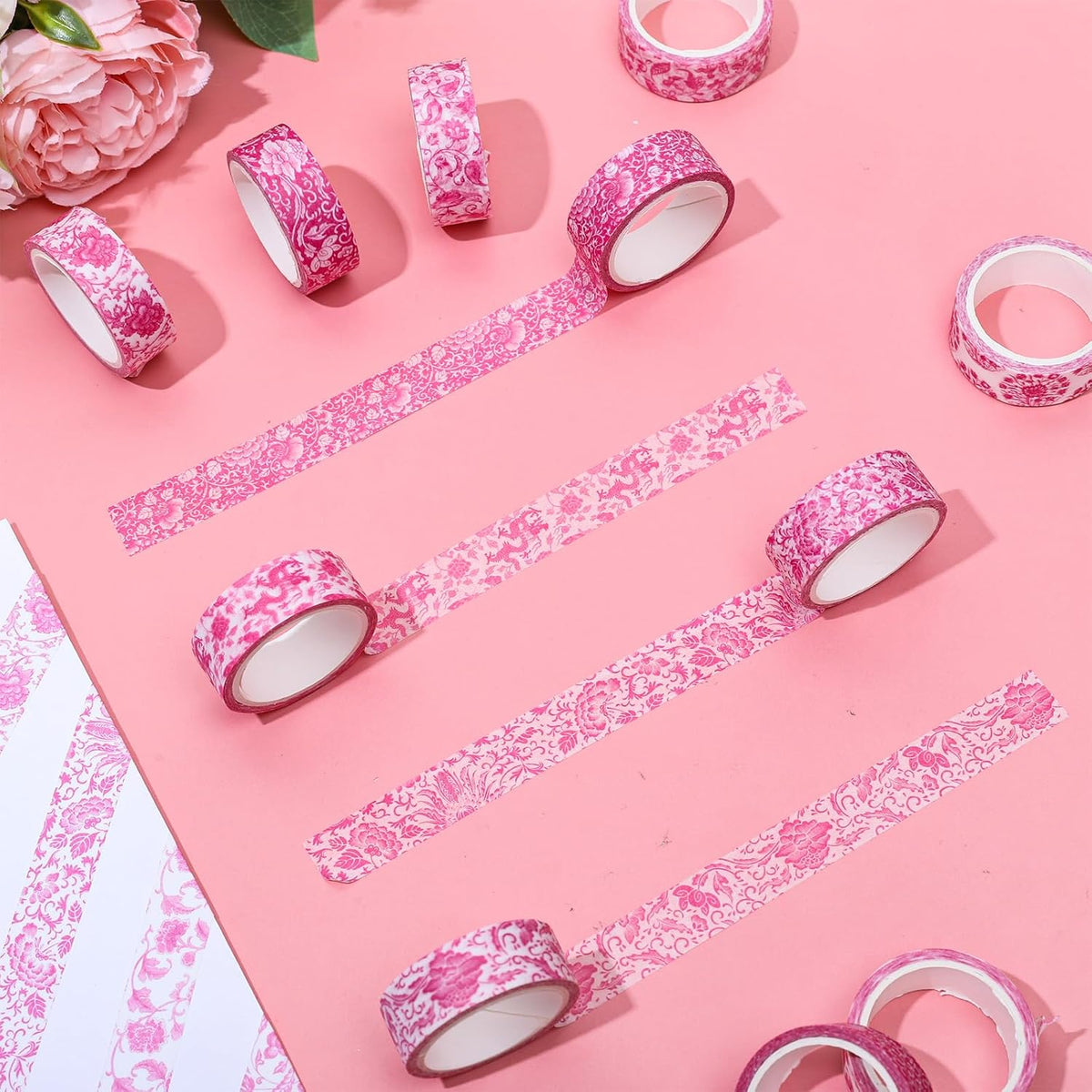 Whaline 12 Rolls Pink Floral Washi Tape Chinoiserie Flower Decorative Masking Tape Set Vintage