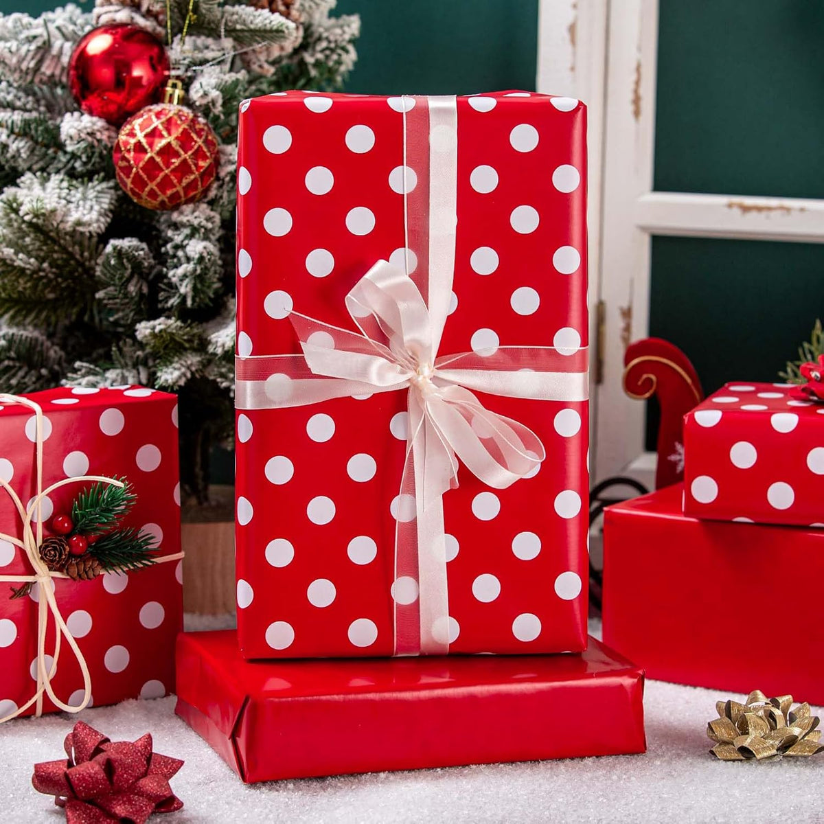 Burymento Red and White Dots Wrapping Paper, Reversible Pink Gift Wrap for Birthday, Valentines