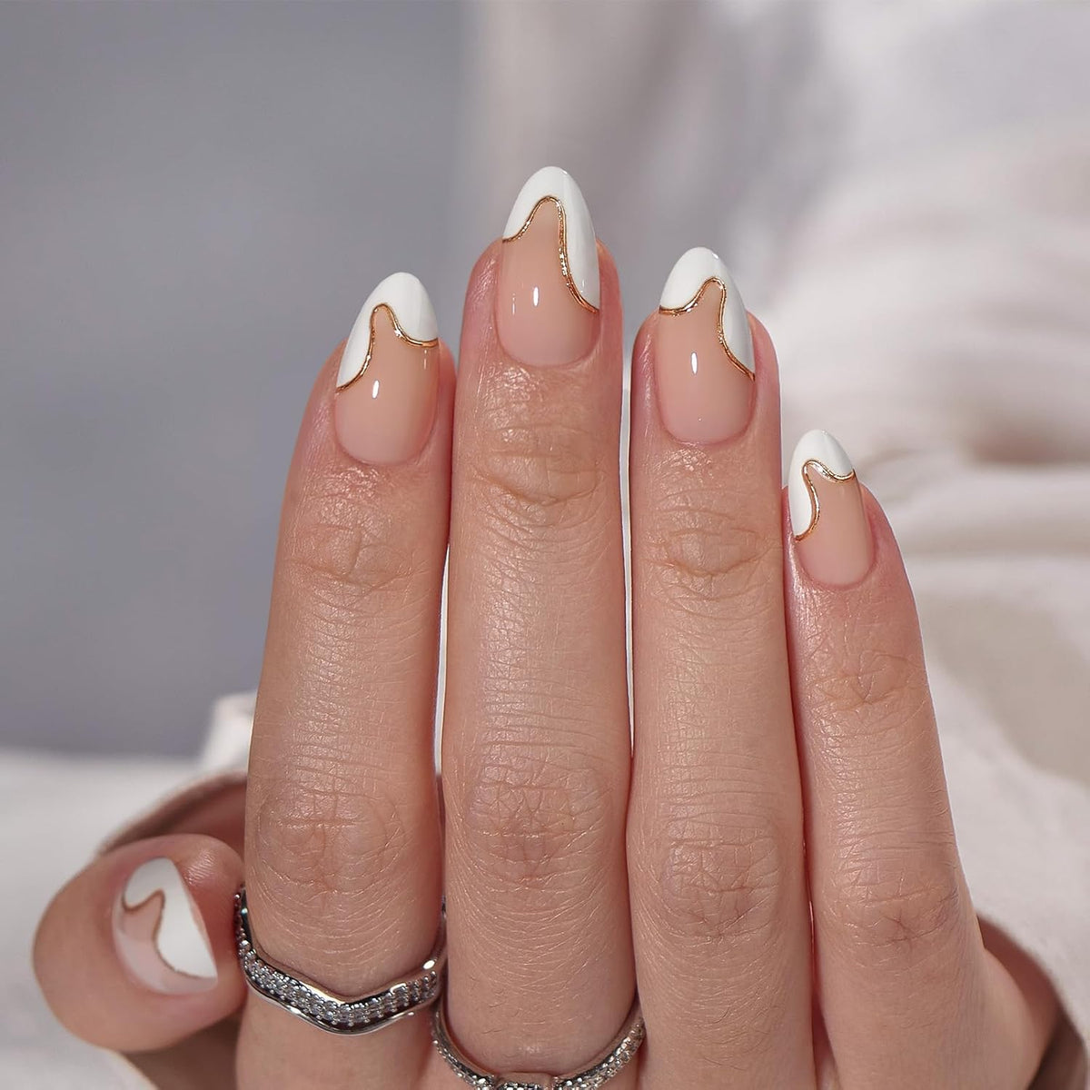 BTArtbox Press On Nails Almond - Designed White French Tip Press On Nails Short with Gold Foil