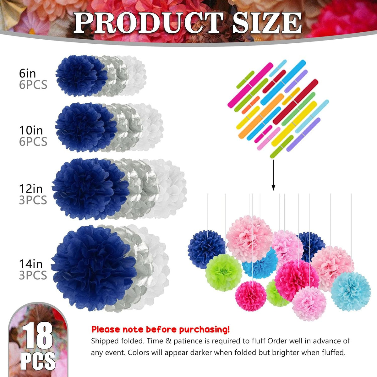 Tissue Paper Pom Poms, Silver Blue White Tissue Paper Flowers, Hanging Flower Balls for Weddings