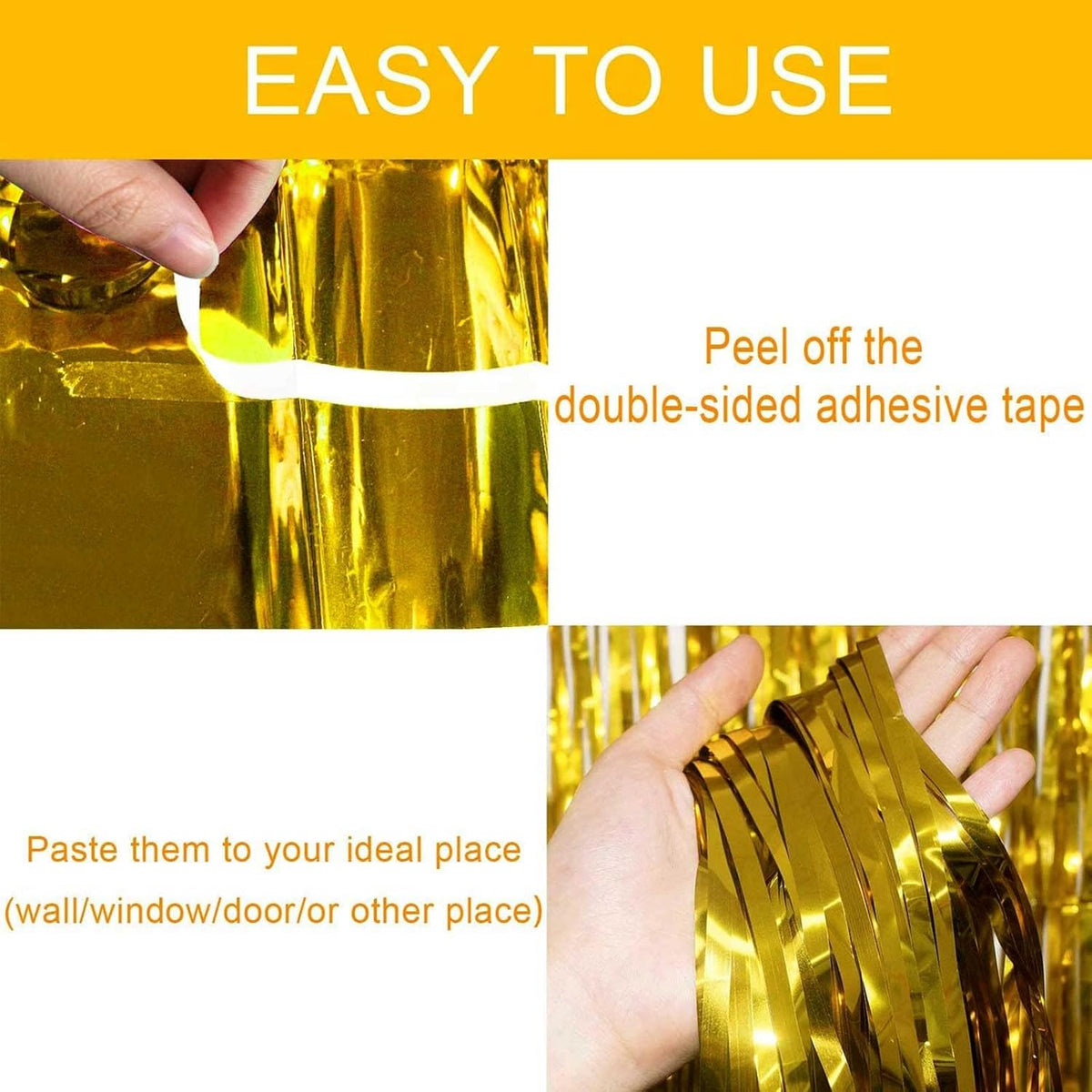 4 Pack Gold Foil Fringe Curtain Backdrop, 3.28Ft x 8.2Ft Metallic Tinsel Foil Fringe Streamer