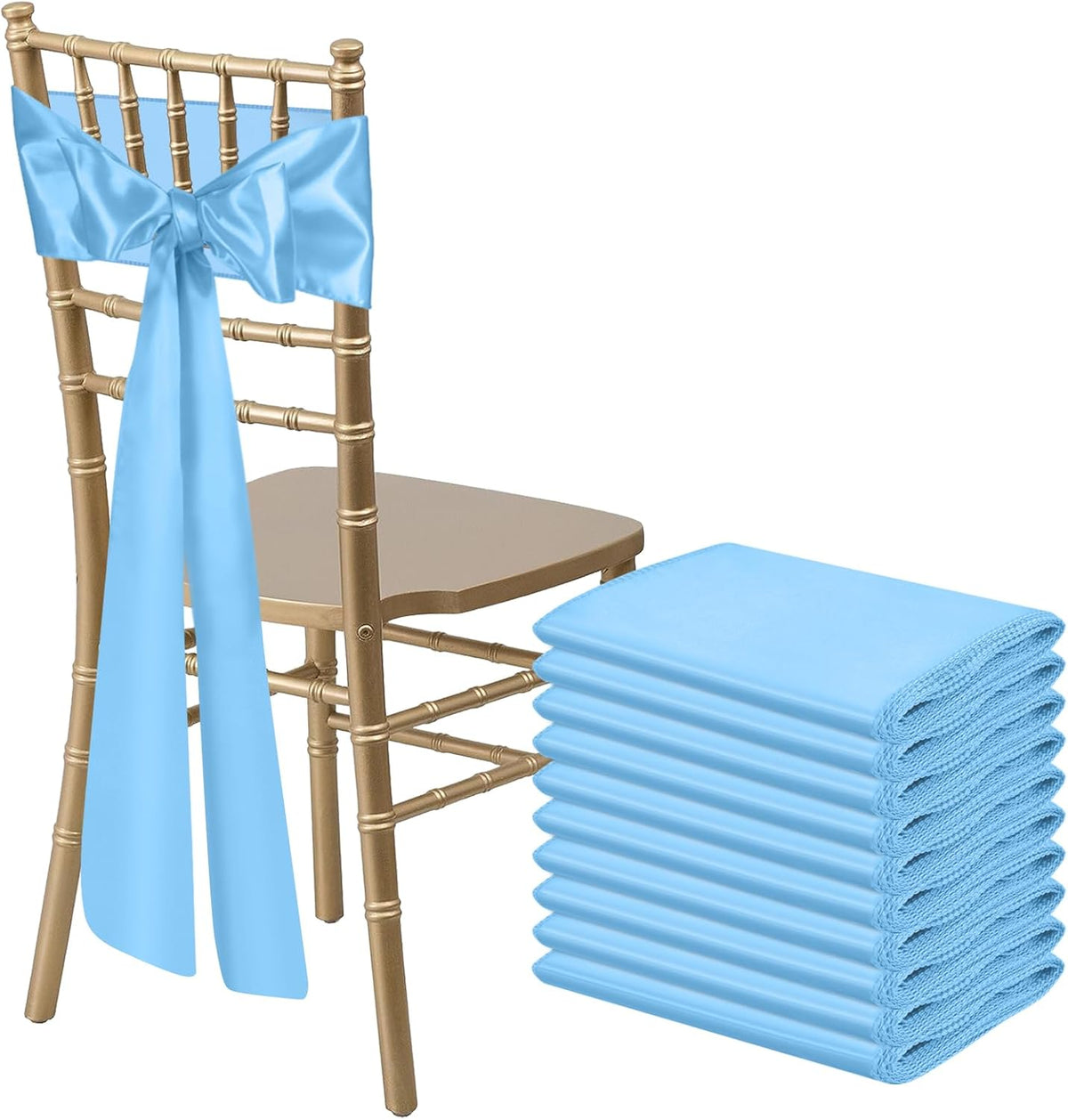 10 PCS Baby Blue Satin Chair Sashes Bows Universal Chair Ribbon Ties Back Sash for Wedding Party