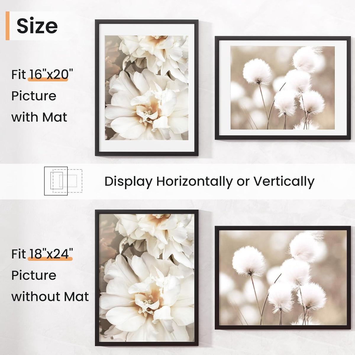 18x24 inch Picture Frame, 18x24 Photo Frames with 16x20 Removable Mat - High Definition Plexiglass