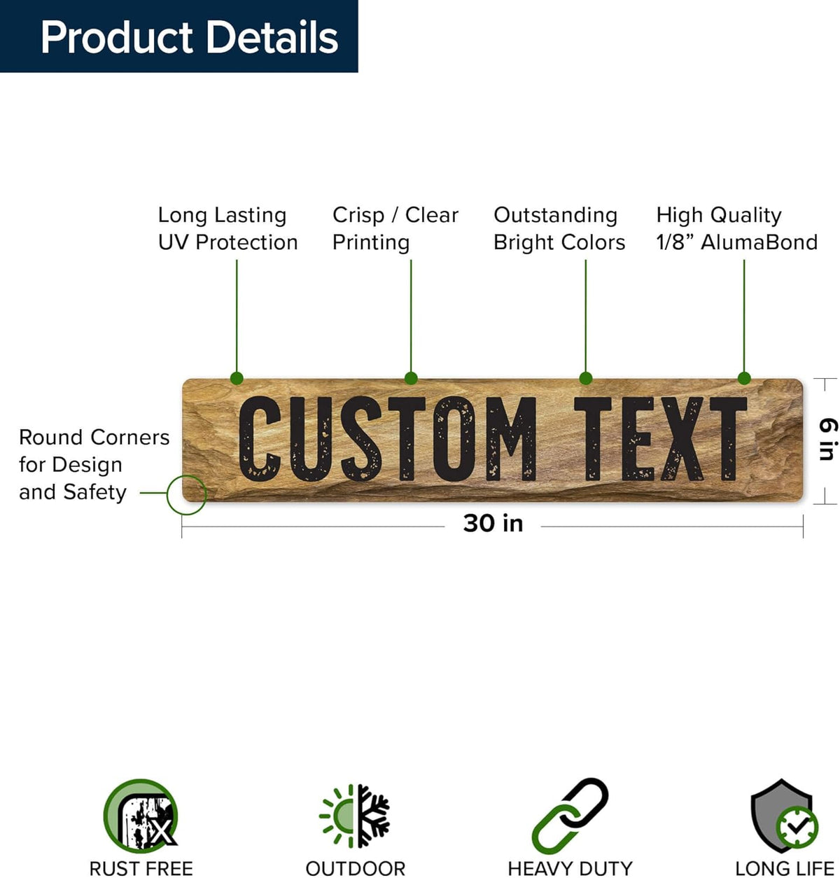 Custom Sign, Custom Street Sign, 11 Font Colors, 13 Font Styles, 4 Hole Options, 22 Sizes, 6x30