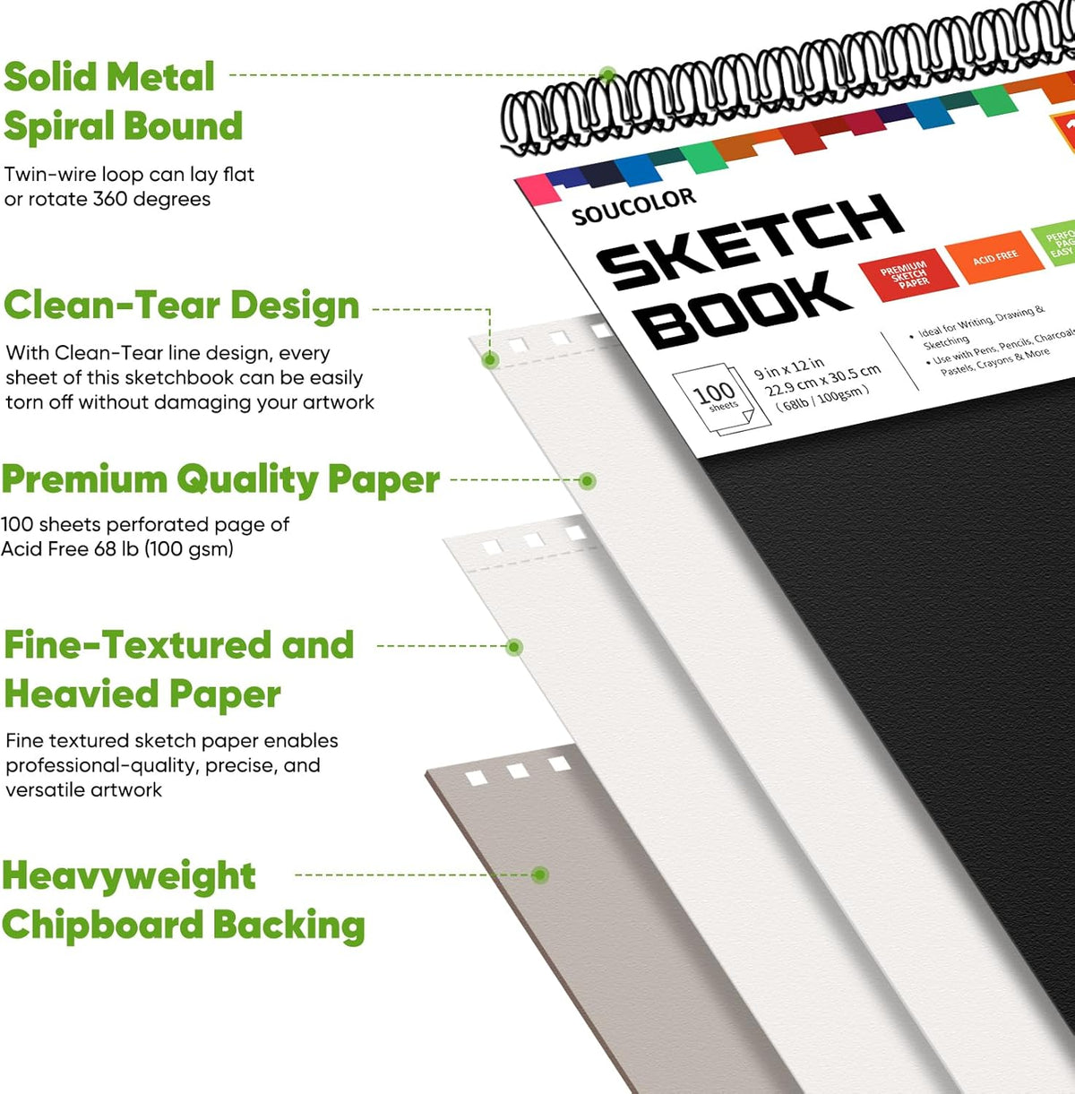 Soucolor 9" x 12" Sketch Book, 1-Pack 100 Sheets Spiral Bound Art Sketchbook, (68lb/100gsm) Acid