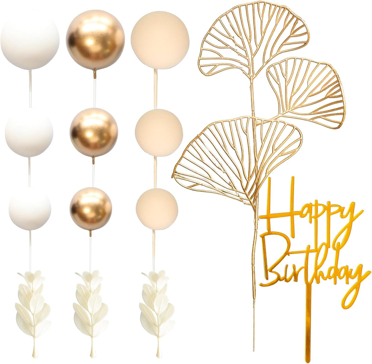 Gyufise 57Pcs Khaki Balls Cake Topper Boho Grass Cake topper Pearl Balls Acrylic Happy Birthday