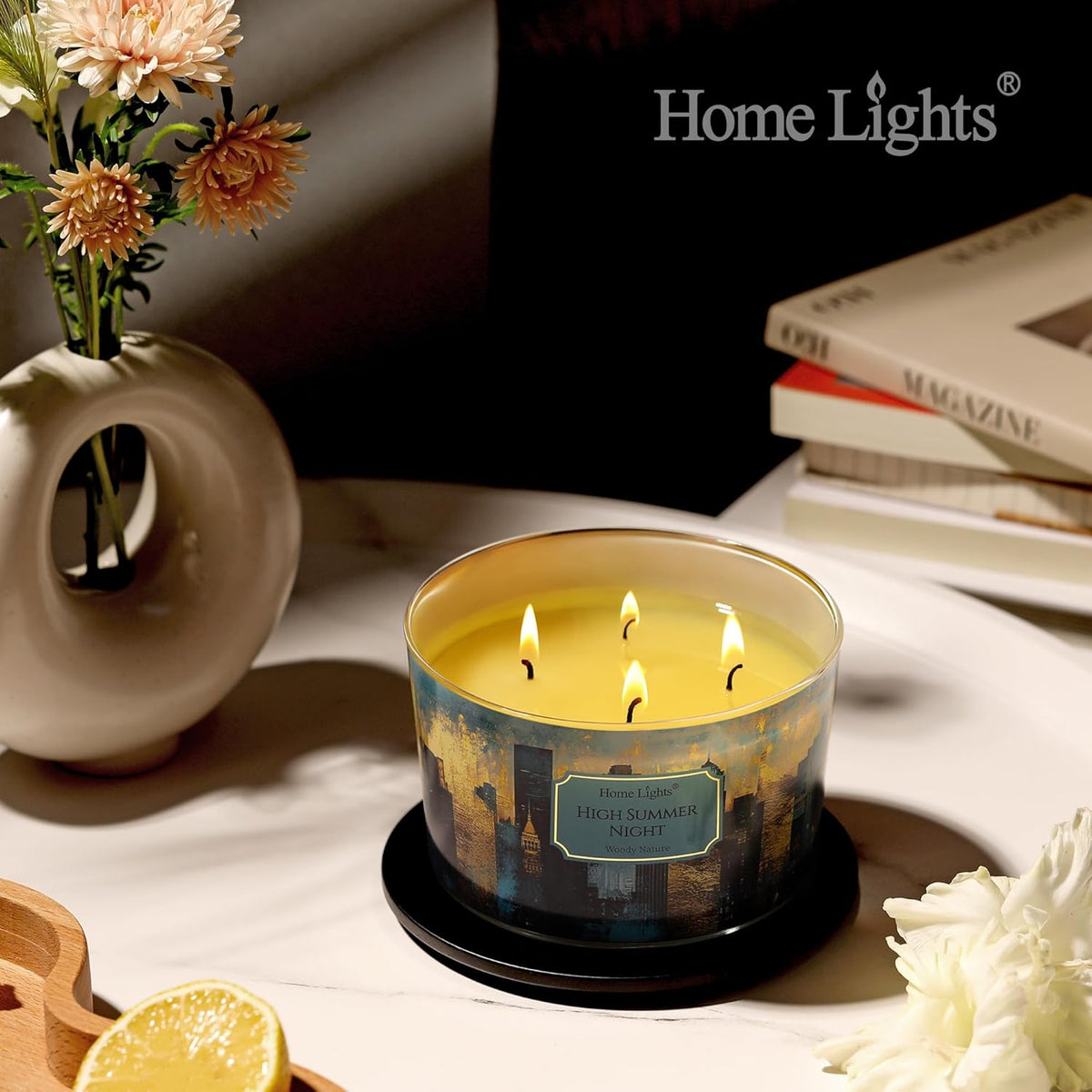 HomeLights High Summer Night Scented Candles | 18oz Soy Candles Industrial Chic 4-Wick Large Candle