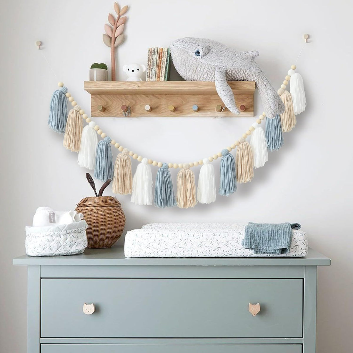 Boho Tassel Garland Wall Hanging with Wood Beads Blue Tassel Garland for Baby Shower Kids Room