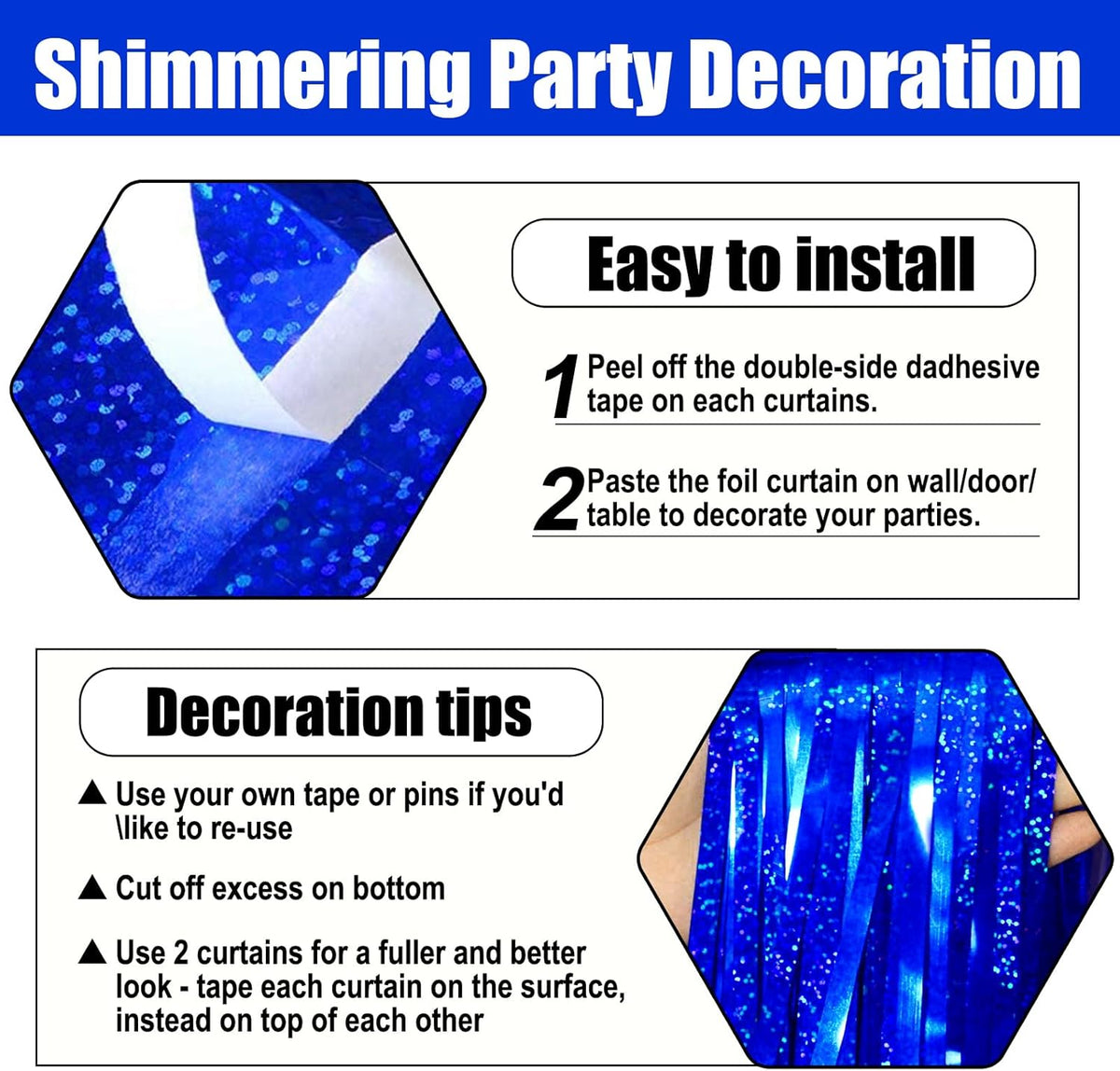 3 Pack Blue Foil Fringe Curtain Backdrop, 3.28Ft x 8.2Ft Metallic Tinsel Foil Fringe Streamer