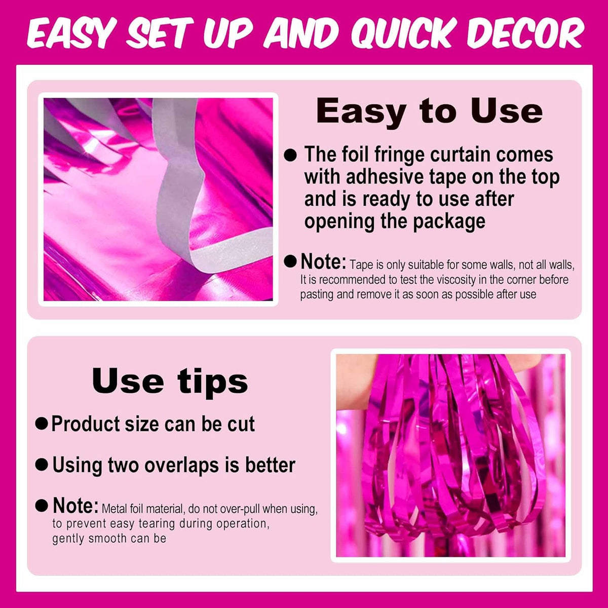 3 Pack Fuchsia Foil Fringe Curtains Backdrop, 3.28 x 9.8 Ft Metallic Streamers Tinsel Curtains
