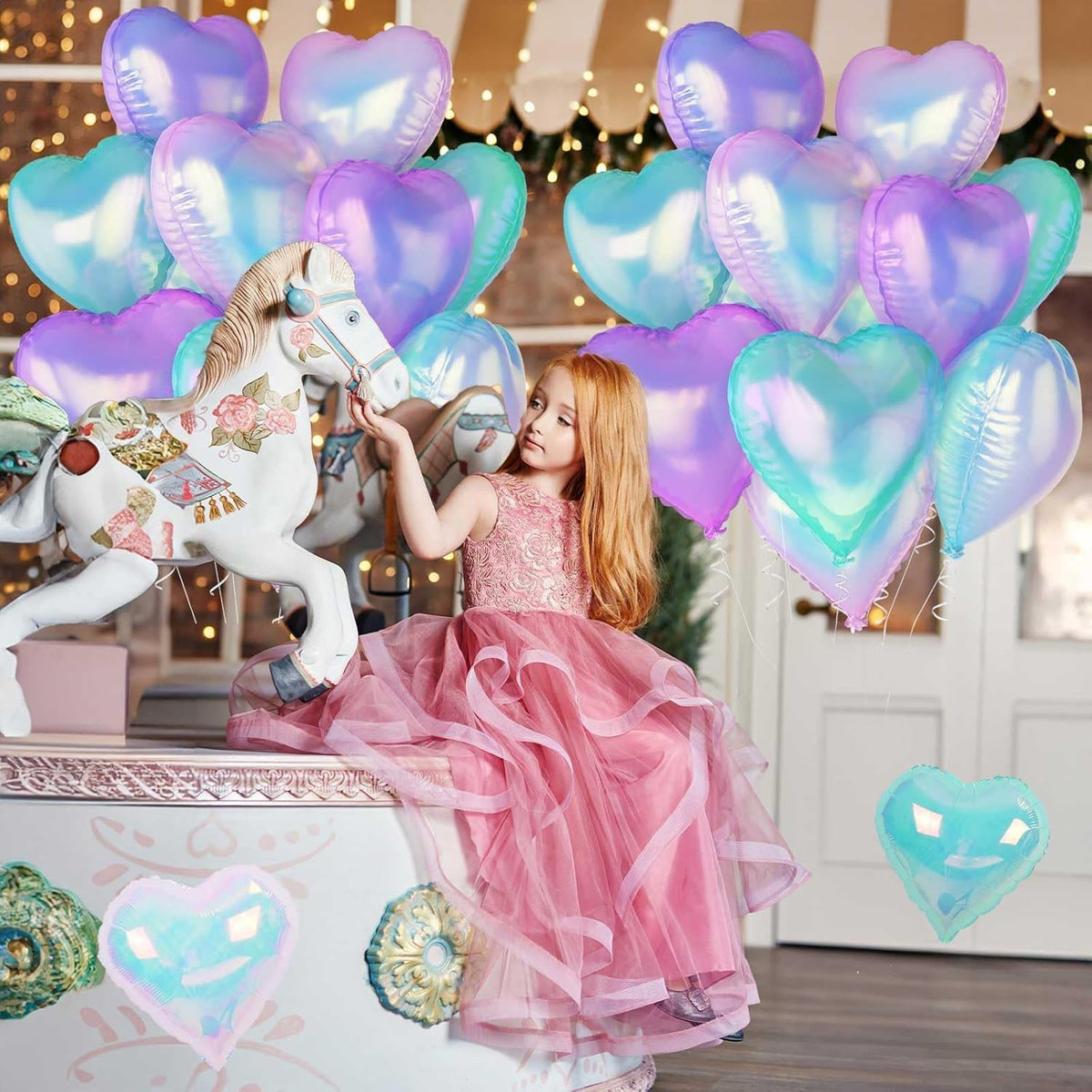 Iridescent Heart Balloons, 12Pcs 18Inch Transparent Crystal Heart Foil Balloon, Gradient Iridescent