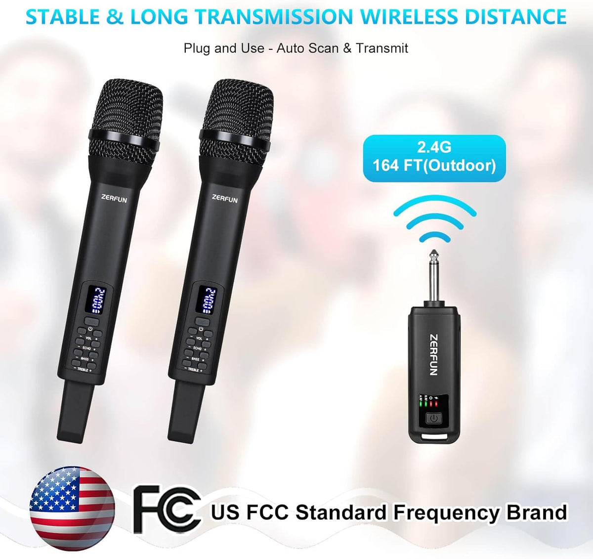 Rechargeable Wireless Microphones Dual, Pro Handheld Cordless Mics System Dynamic with Echo Treble