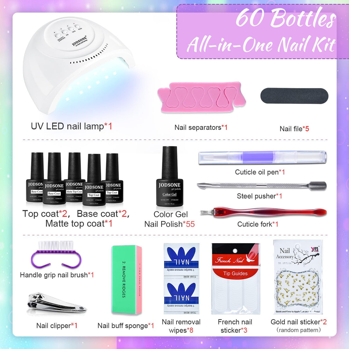 JODSONE 60 PCS Gel Nail Polish Starter Kit With U V Light 55 Kinds Of Color Glitter Gel Polish No