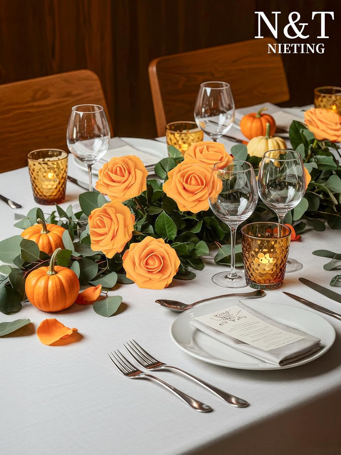 N&T NIETING Artificial Flowers, Fake Flowers Orange Roses Perfect for DIY Wedding Bridal Bouquets