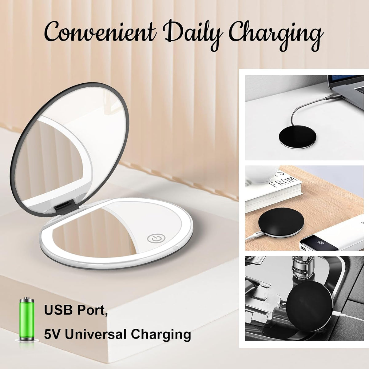 Compact Mirror with Light, 1X/3X Magnification LED Pocket Mirror with USB Data Cable,Mini Mirror