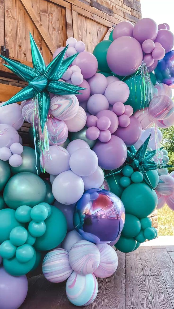 Mermaid Balloons, 12 Inches Purple and Green Balloons Teal Purple White Metallic Confetti Green
