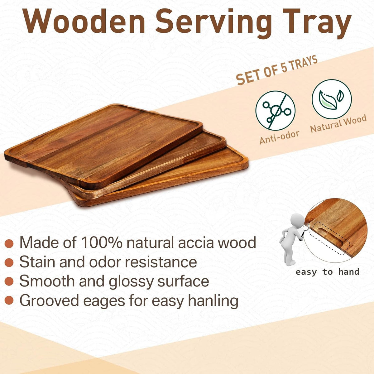 Roowest 5 Pack Solid Acacia Wood Serving Trays for Laser Engraving Rectangular Wooden Board for