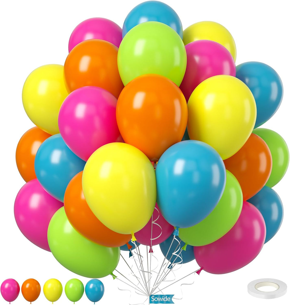 Rainbow Balloons, 50Pcs 12 Inches Yellow Orange Hot Pink Lime Green Neon Balloons Multicolor for