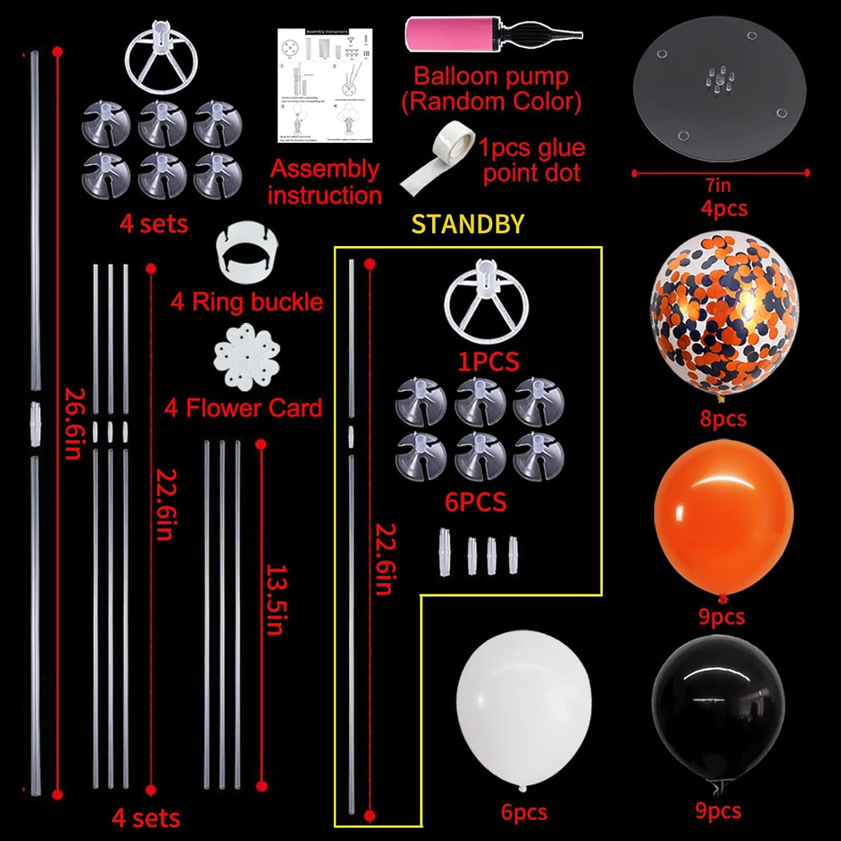 TONIFUL 4 Set Halloween Balloons Black Orange Confetti White Balloon Stand Centerpiece Table
