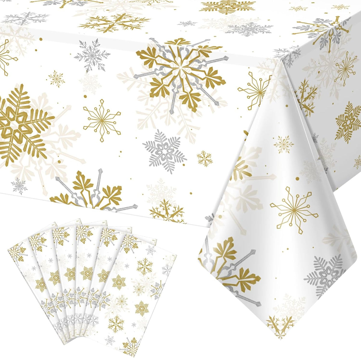 6Pcs Christmas Snowflake Party Tablecloths Decorations,Plastic White and Gold Table Cloth,Winter