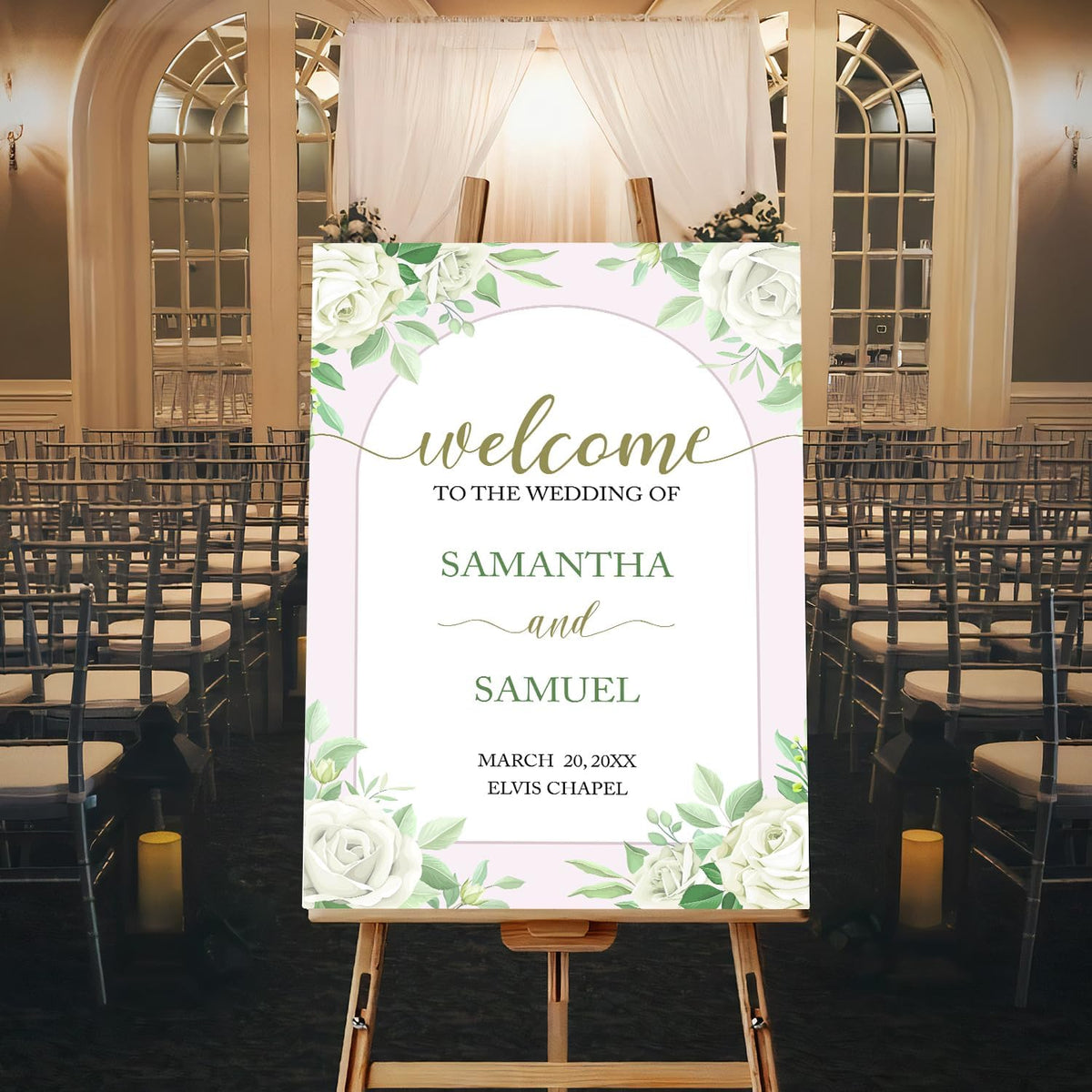 Editable Greenery Wedding Welcome Sign Template, Printable White Floral Sign for Ceremony or