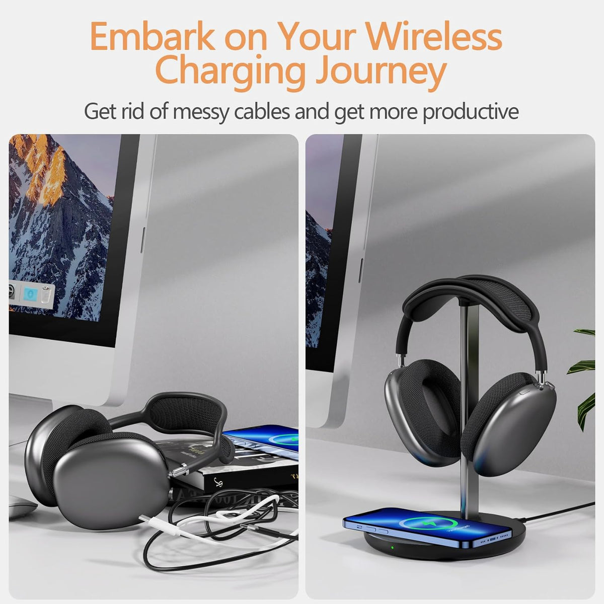 Headphone Stand with Wireless Charger, Gaming Headset Holder Hanger Rack 2 IN 1 Wireless Charging