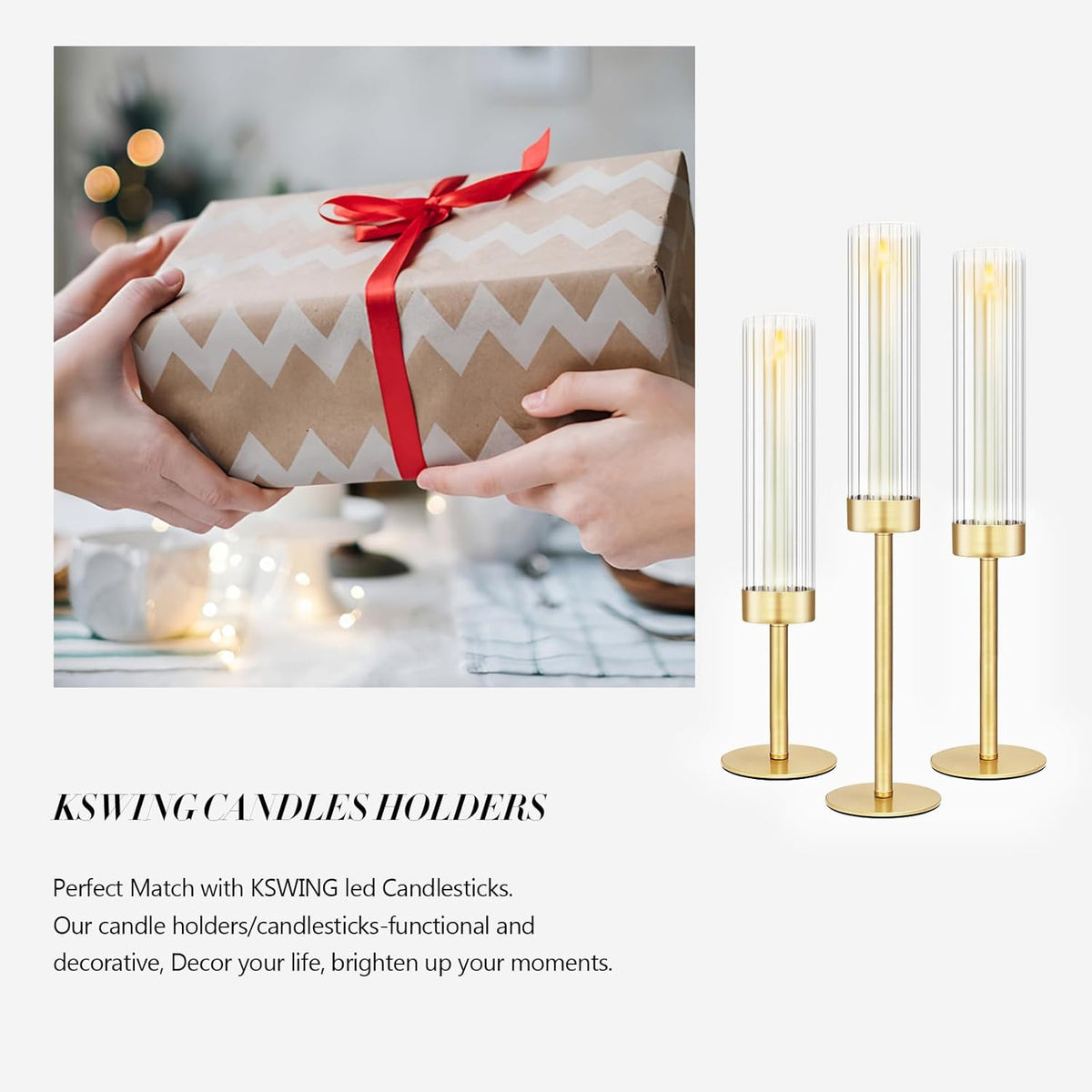 Glass Hurricane Candlestick Holders Gold, KSWING Set of 6 Taper Candle Holders Brass Tall Clear